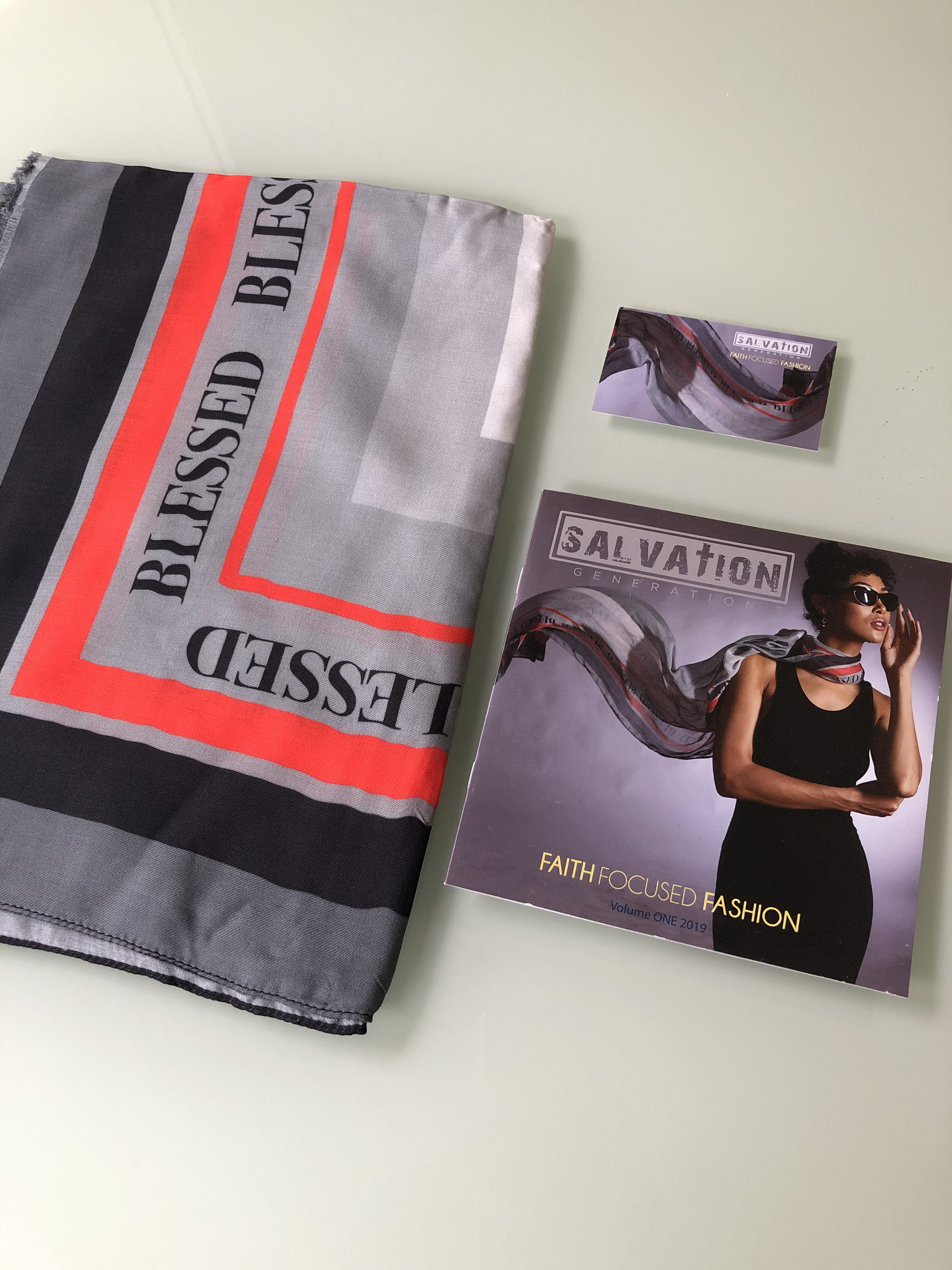 scarf, catalogue, business card